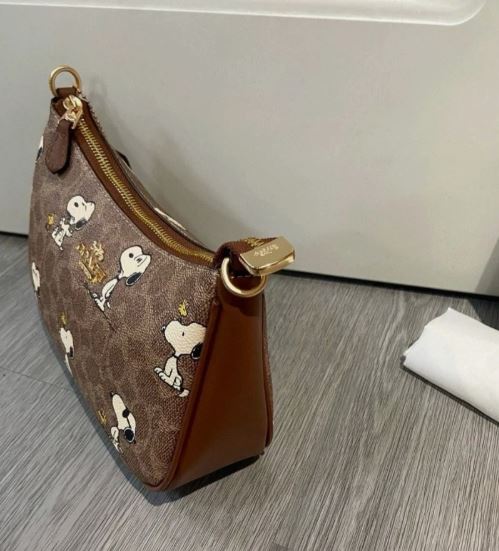 Best x PEANUTS Teri Shoulder Bag Tan Brown Snoopy Print Signature Canvas CBJ88