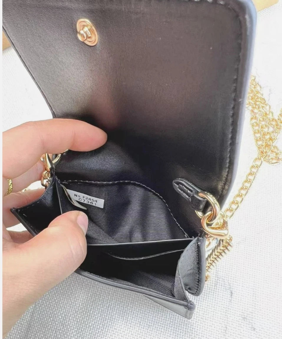 Black COACH C7361 Mini Wallet on a Chain with In Signature Print Relief