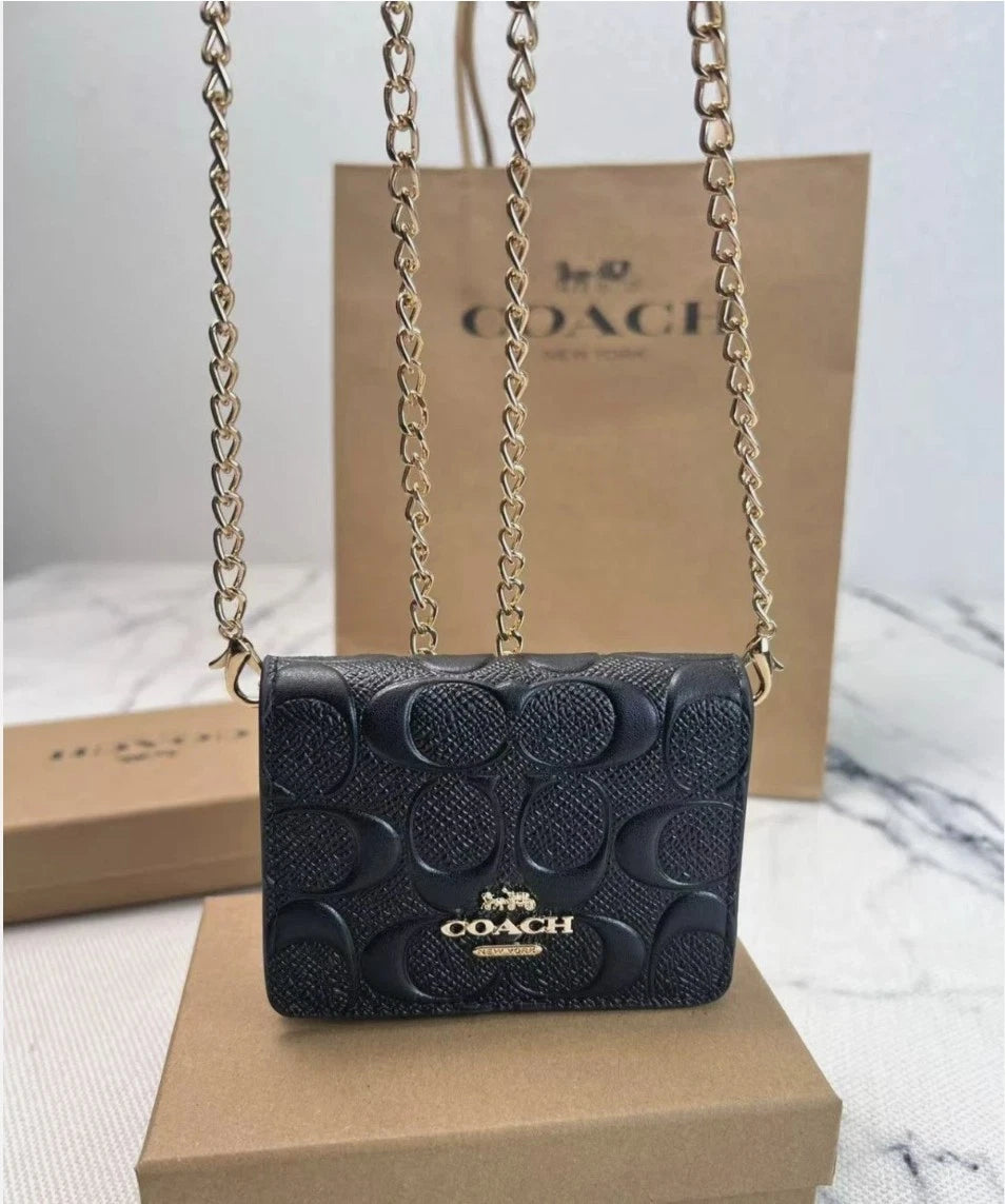 Black COACH C7361 Mini Wallet on a Chain with In Signature Print Relief