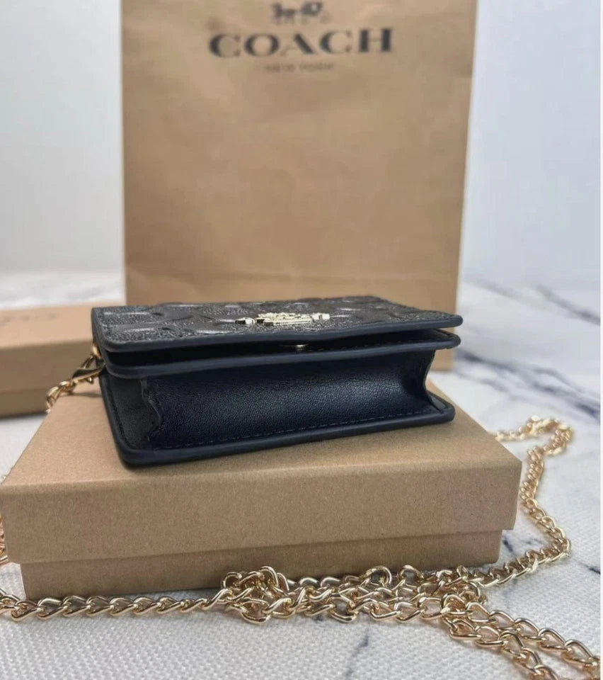 Black COACH C7361 Mini Wallet on a Chain with In Signature Print Relief