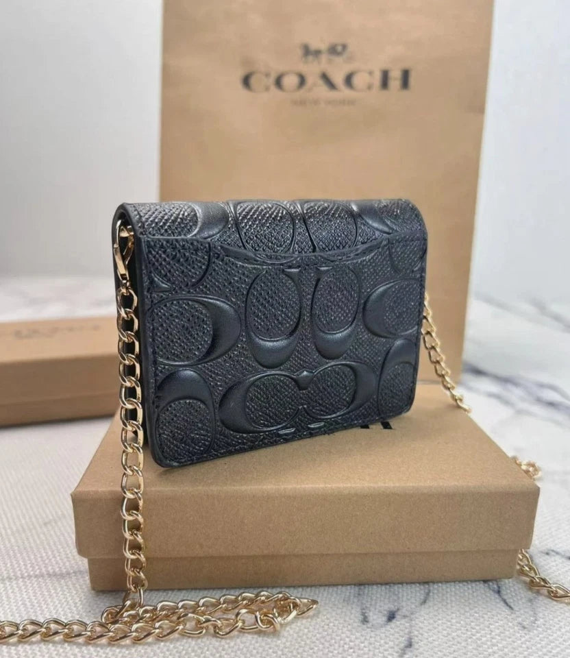 Black COACH C7361 Mini Wallet on a Chain with In Signature Print Relief